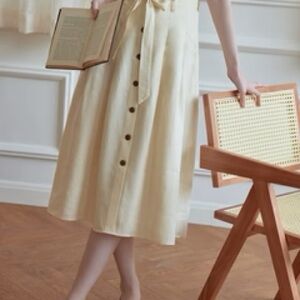 SimpleRetro Elegant Cream A-Line Linen/Cotton Skirt